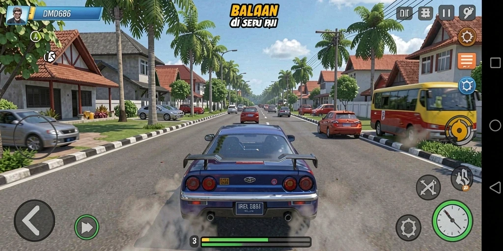 Tampilan gameplay DMD686 yang mengasyikkan saat balapan.