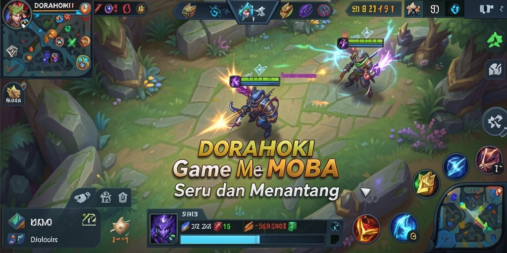 Screenshot DORAHOKI menampilkan aksi dinamis dalam pertempuran MOBA.