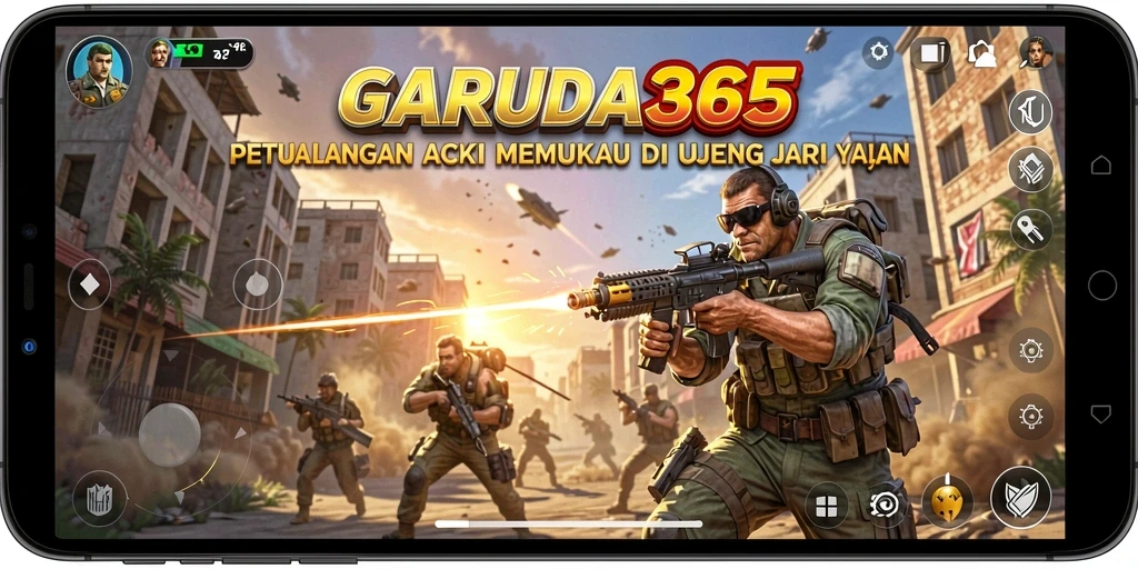 Screenshot utama GARUDA365 menampilkan aksi seru dengan karakter terbang melawan musuh.