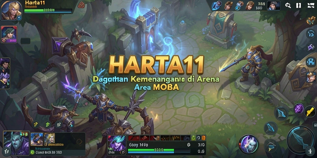 Tampilan gameplay menyerupai pertarungan seru di arena MOBA.