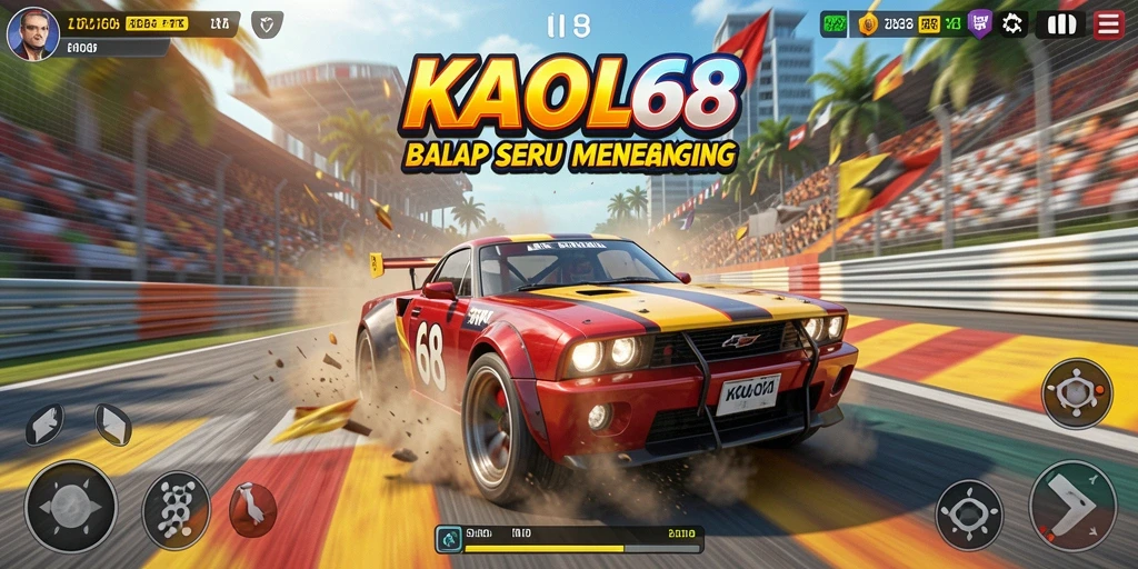 Gameplay intens KAOL68 dengan mobil balap yang cepat.