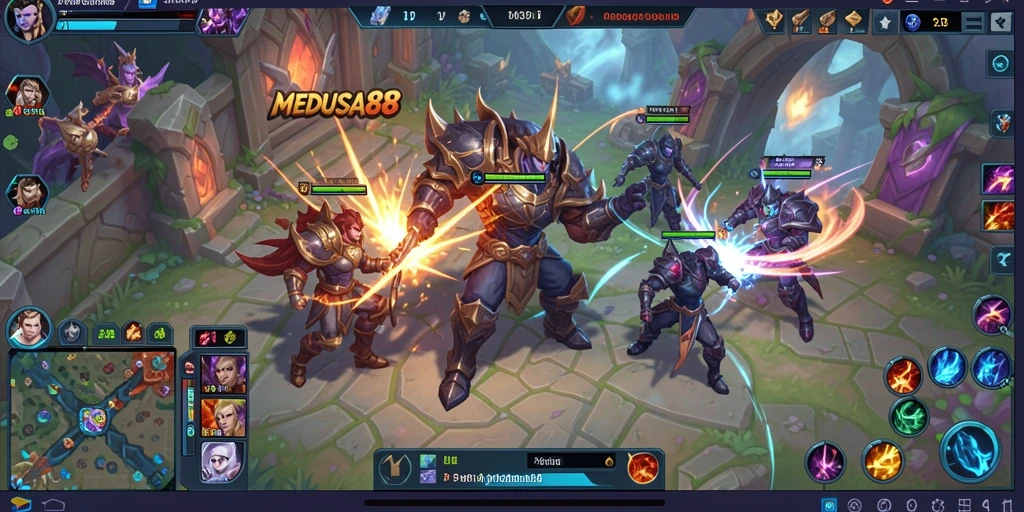 Tangkapan layar gameplay MEDUSA88 yang menunjukkan aksi epik dalam pertarungan MOBA.