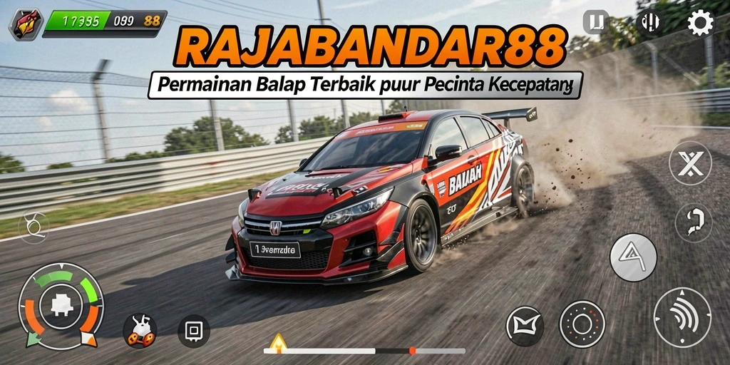 Tangkapan layar gameplay RAJABANDAR88 dengan mobil balap di lintasan.