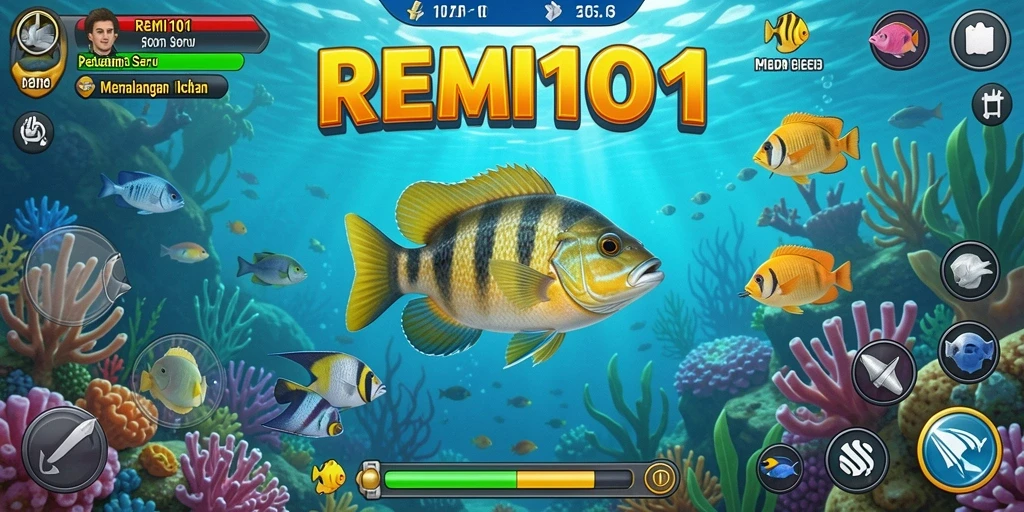 Screenshot REMI101 menampilkan aksi menangkap ikan yang seru.