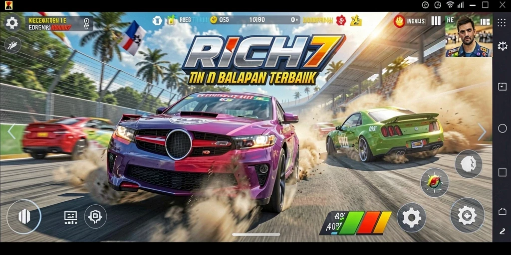 Gameplay RICH7 dengan aksi balapan yang mendebarkan.