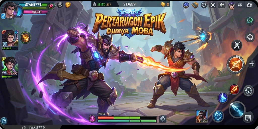 Tangkapan layar gameplay STAKE779 dengan pertarungan MOBA yang intens.