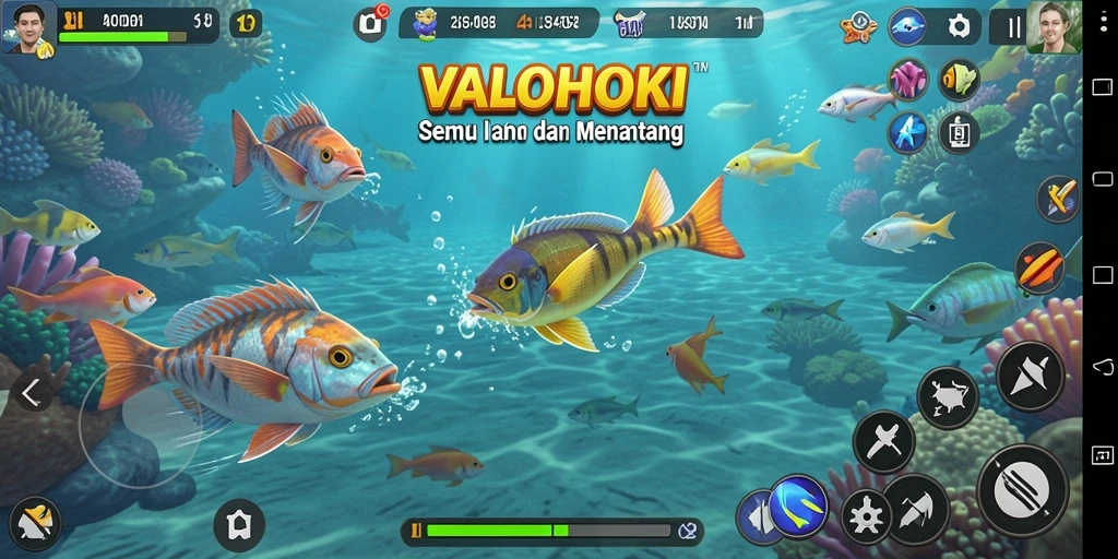 Screenshot gameplay VALOHOKI menunjukkan aksi Tembak Ikan yang intens.