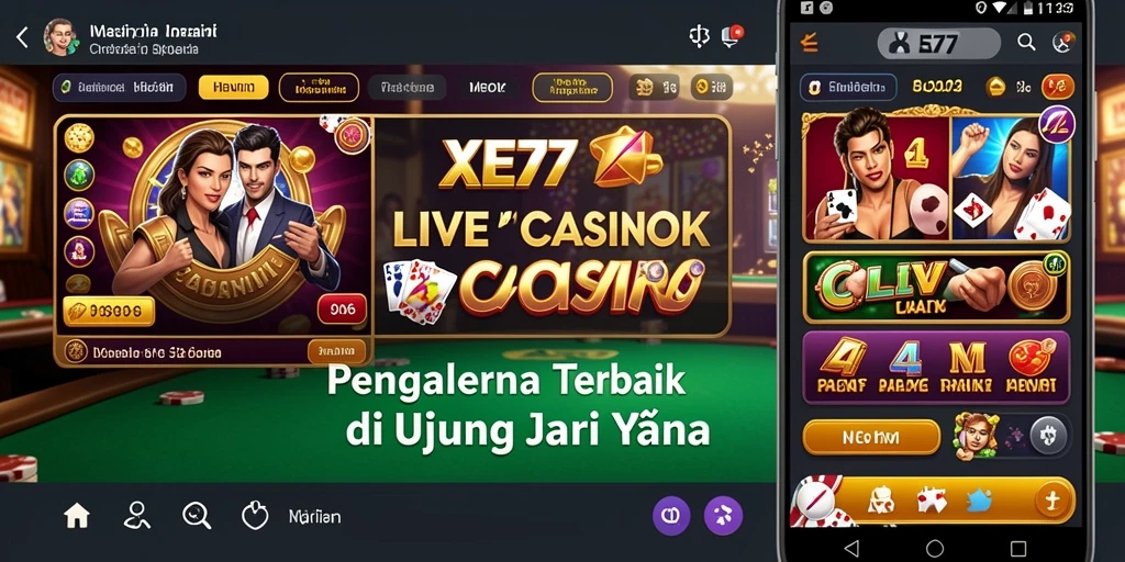 Screenshot XE77 menampilkan dealer langsung dan permainan kasino yang mendebarkan.