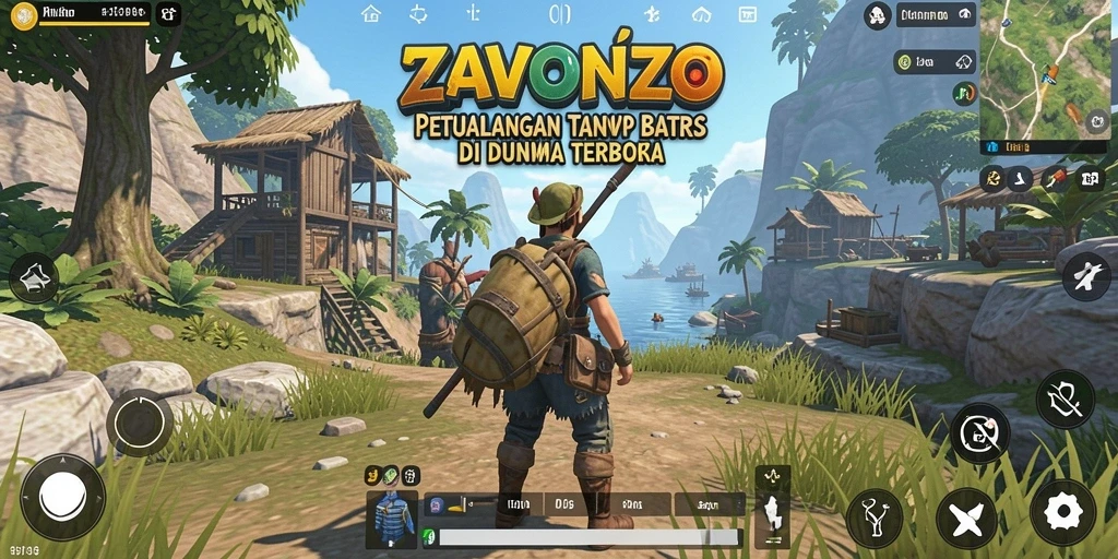 Screenshot gameplay ZAVONZO menampilkan eksplorasi dunia terbuka yang megah.